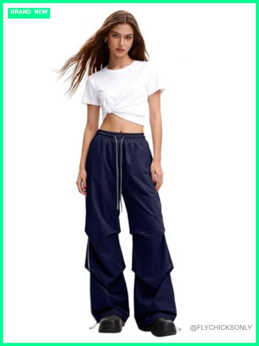 Y2K Baggy Parachute Cargo Pants Wide Leg Adjustable Drawstring Waist - Picture 2 of 6